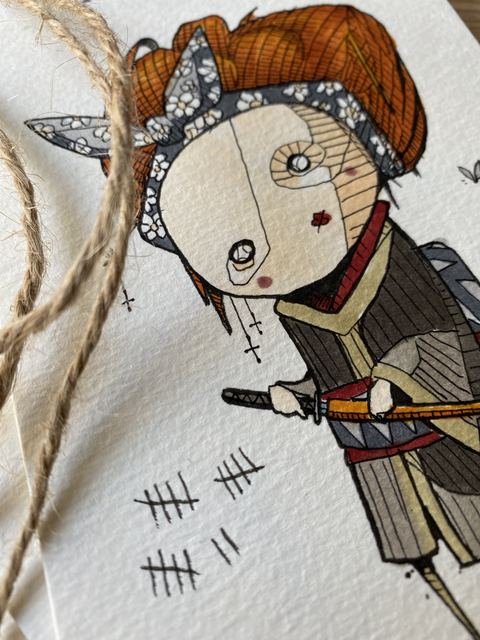 Ink and watercolour girl in a hood with tally marks, on textured paper