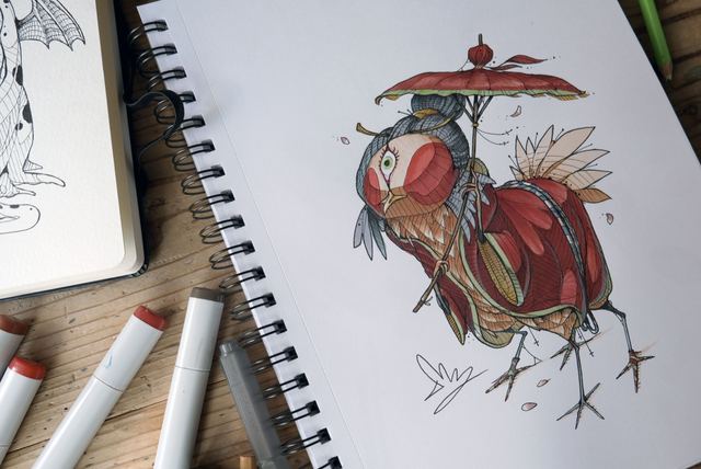 Sketchbook spread: creature holding a red umbrella, with markers