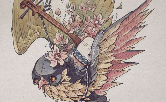 Bird-like creature with pink and gold wings carrying a branch