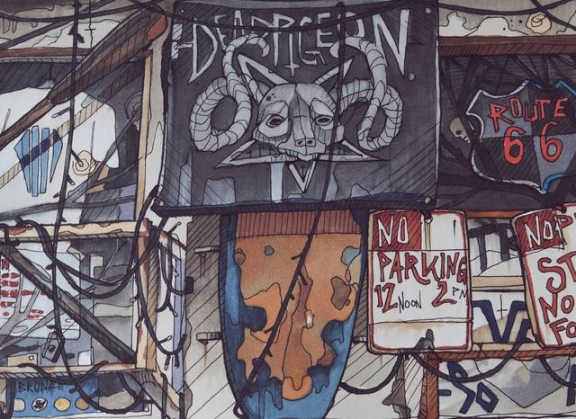 Street-art style illustration of a cluttered wall of signs and posters