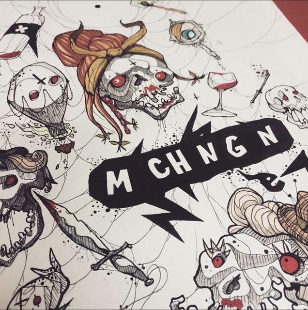 Flash-style page of skulls, balloons and a black 'MCHGN' banner