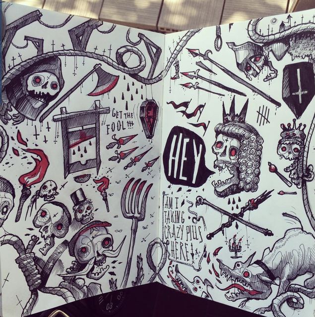 Sketchbook spread packed with tiny skulls, daggers and a 'HEY' sign