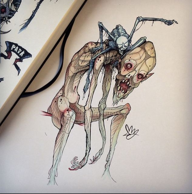 Long-legged insect-skeleton creature with a red-eyed skull face