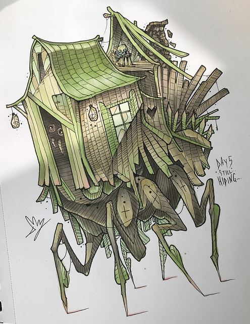 Green house with insect legs walking on spindly limbs