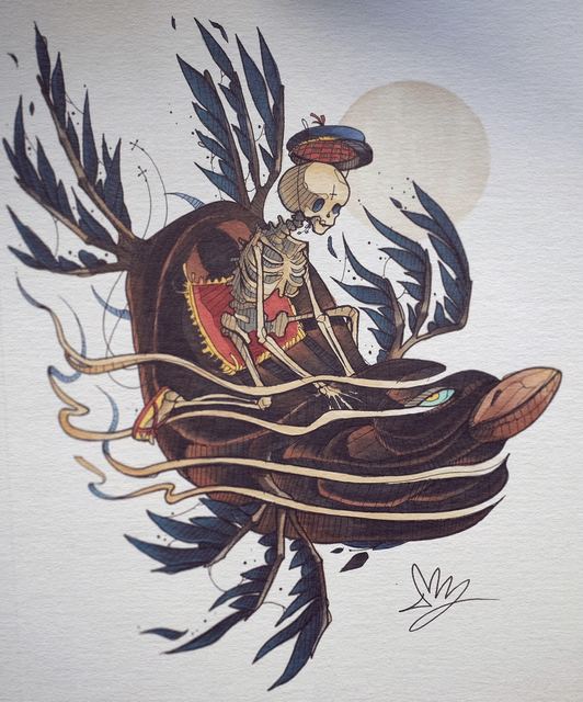 Skeleton figure wrapped in black feathers in front of a pale moon