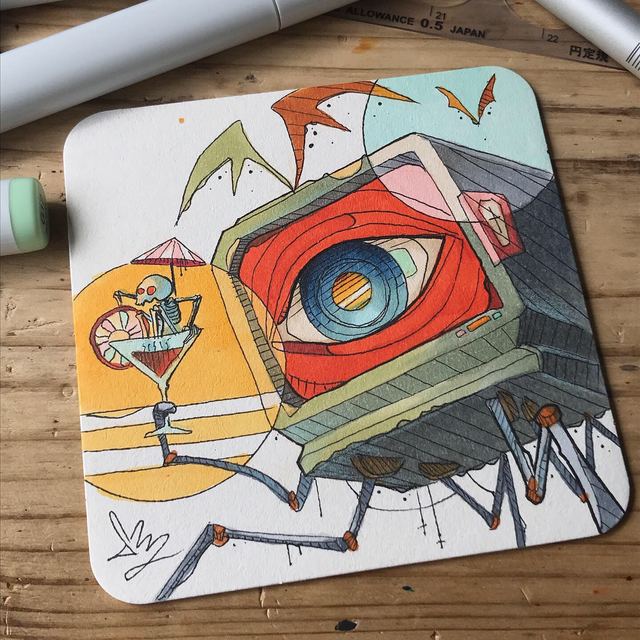 Coaster painted with a boxy creature with one big eye