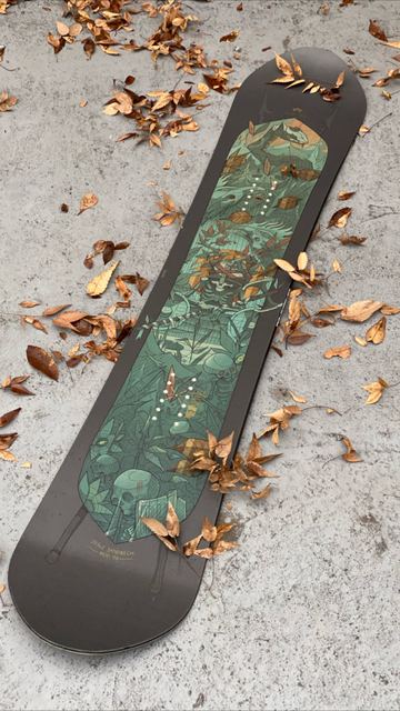 Illustrated snowboard deck lying in autumn leaves