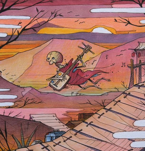 Skeleton playing a shamisen-like instrument on a bridge at sunset
