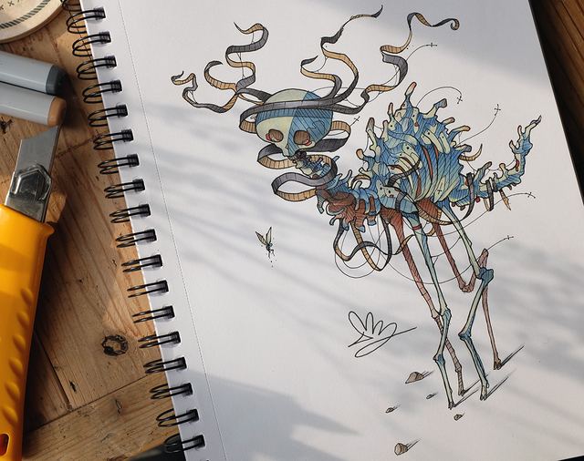 Blue tangle of tentacled creatures walking on stilt legs