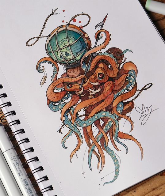 Orange octopus wearing a diving helmet