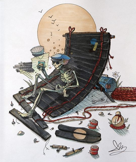 Skeleton lounging on a black deck chair surrounded by objects