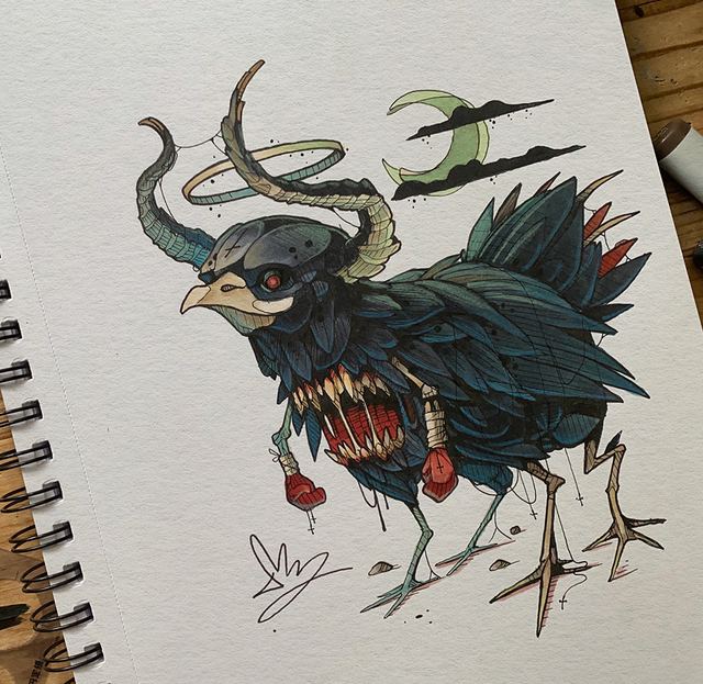 Black horned bird demon with bared teeth