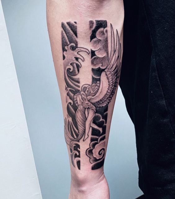 Angel and Merman tattoo by Deadpigeon (black & grey)