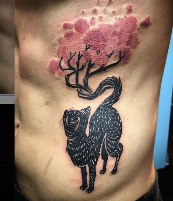 Cherry Blossom Cat tattoo by Deadpigeon (color)