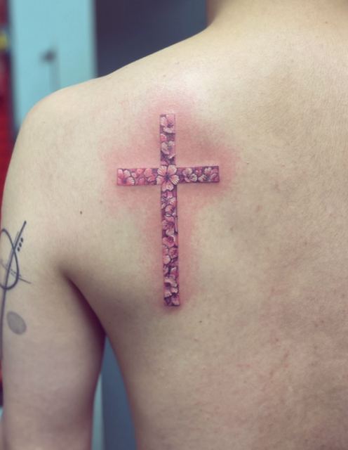Cherry Blossom Cross tattoo by Deadpigeon (color)