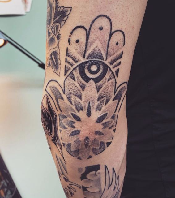 Dotwork Hamsa hand tattoo by Deadpigeon (black & grey)
