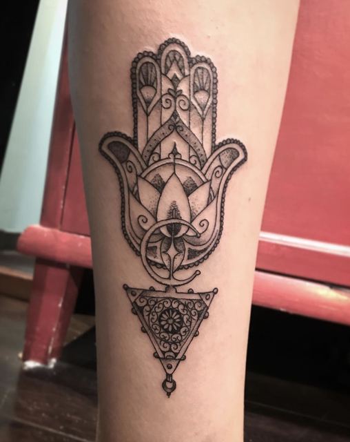 Hamsa Hand tattoo by Deadpigeon (black & grey)
