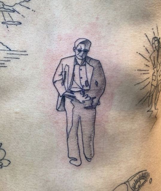 Kitano Takeshi tattoo by Deadpigeon (black & grey)