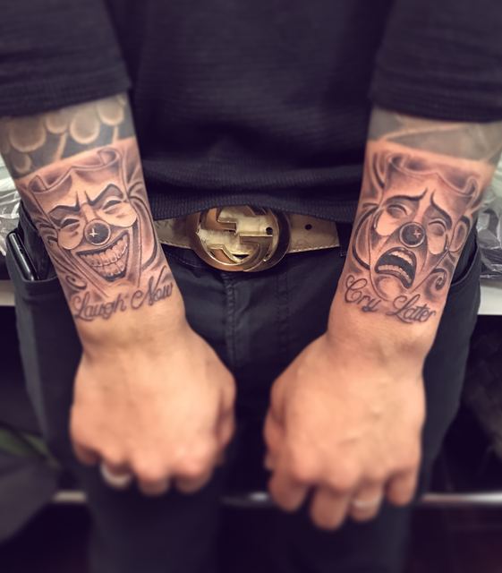 Laugh Now Cry Later tattoo by Deadpigeon (black & grey)