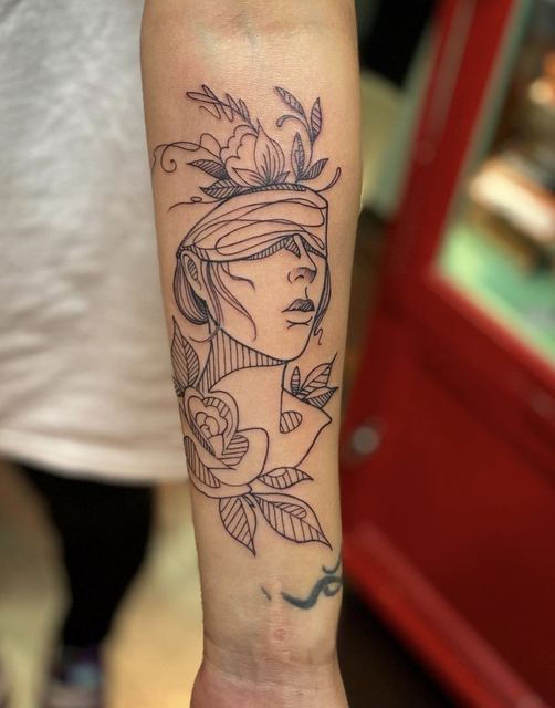 Lines Woman tattoo by Deadpigeon (black & grey)