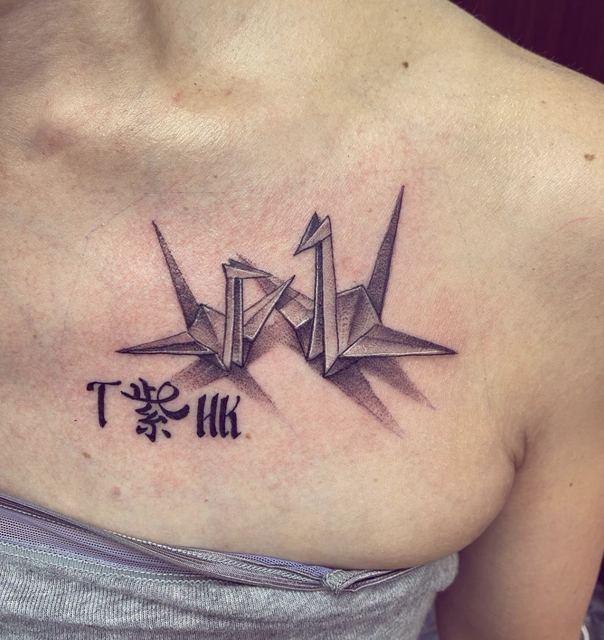 Paper Cranes tattoo by Deadpigeon (black & grey)