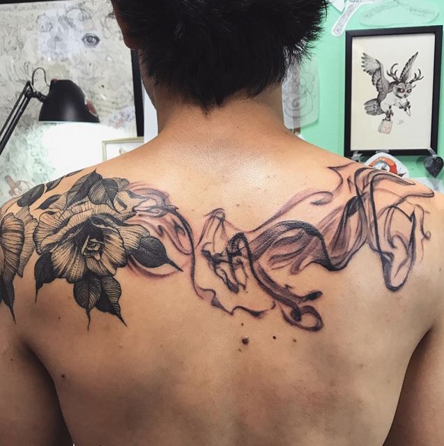 Smoke Flower tattoo by Deadpigeon (black & grey)