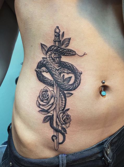 Snake dagger tattoo by Deadpigeon (black & grey)