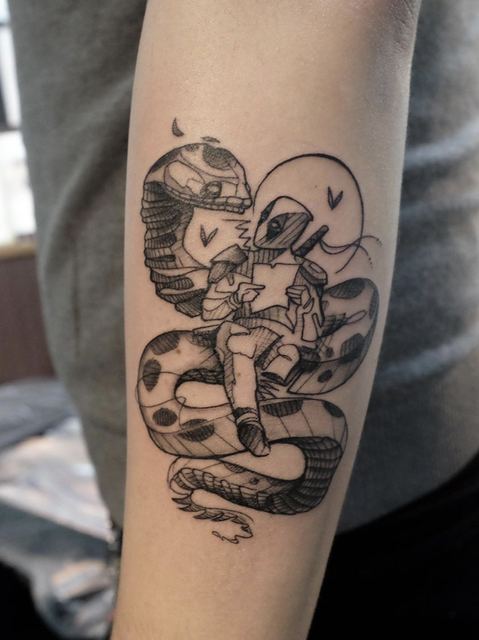 Snake Deadpool tattoo by Deadpigeon (black & grey)