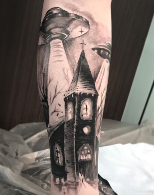 UFO Church tattoo by Deadpigeon (black & grey)